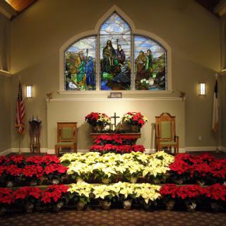 A beautifully decorated church altar adorned with red and white poinsettias, featuring a stunning stained glass window in the background.