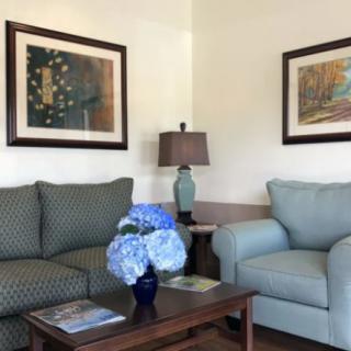 A cozy living room featuring a sofa, armchair, wooden table with blue hydrangea centerpiece, and framed artwork on the walls.