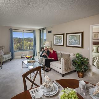 A cozy living room with two seniors sitting on a sofa, surrounded by tasteful decor and natural light from a large window.