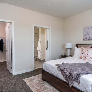 A modern bedroom with a neatly made bed, bedside lamp, and wall decor.