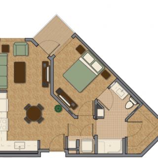 A detailed floor plan of an apartment showing the layout of a bedroom, living room, kitchen, and bathroom.