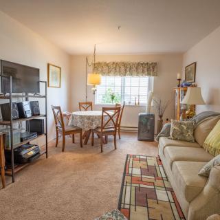 A cozy living room with a dining area, featuring a sofa, television, and dining table.