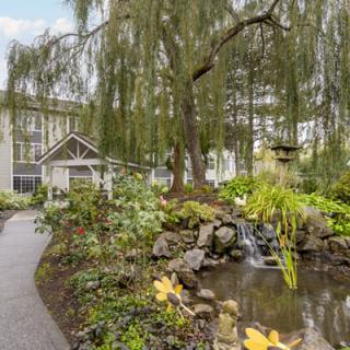 A tranquil garden scene featuring a pathway, pond, and waterfall under the canopy of lush trees.