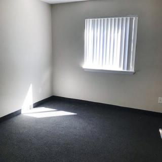 A bright, empty room with a window covered by vertical blinds and carpeted flooring.