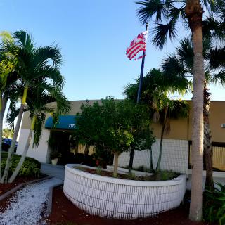 A sunny view of a building entrance surrounded by palm trees and an American flag.