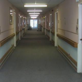 An empty hallway with doors on either side and handrails along the walls.