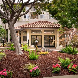 A beautifully landscaped entrance to a building, surrounded by lush greenery and vibrant flowers.