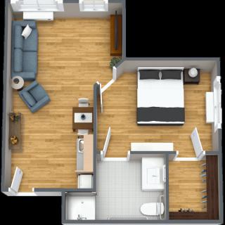 A detailed floor plan of a one-bedroom apartment featuring a living room, kitchen, bedroom, and bathroom.