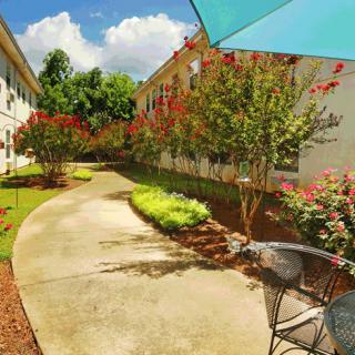 A serene garden pathway lined with trees and a seating area under a blue patio umbrella.