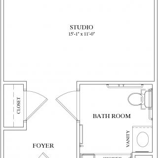 Floor plan of a studio apartment with a bathroom and closet.