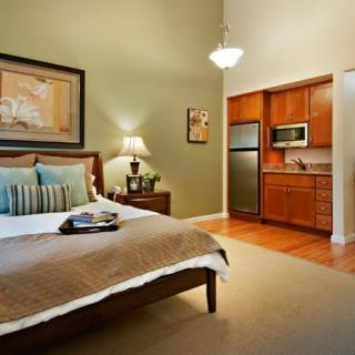 A cozy bedroom with a modern kitchenette and stylish decor.