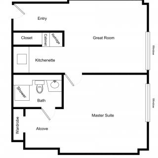 A simple floor plan layout for a one-bedroom apartment.
