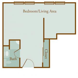 A basic floor plan of a studio apartment with designated areas for the bedroom/living area, bath, and closet.