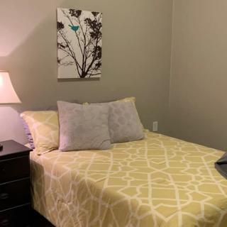 A cozy bedroom with a neatly made bed, two pillows, a lamp on the nightstand, and artwork on the wall.