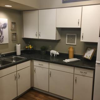 A modern kitchen with white cabinets and a dark countertop.