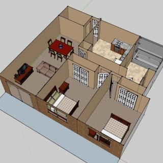 A 3D floor plan of an apartment showcasing the layout of rooms including a living area, dining space, bedrooms, and a bathroom.