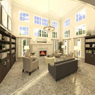 Spacious and elegantly designed living room with a fireplace and large windows.