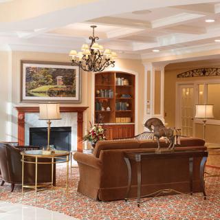 A cozy and elegantly designed living room with a chandelier, comfortable seating, and tasteful decor.