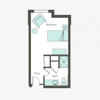 Studio apartment floor plan with bedroom and bathroom.