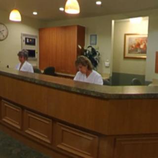 Two people working at a reception desk in an office setting.