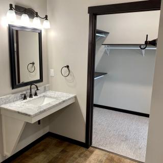 A modern bathroom with a sink and mirror adjacent to a walk-in closet.