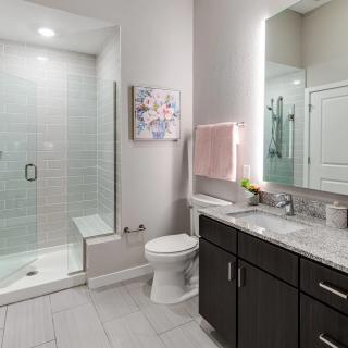 A modern bathroom with a glass-enclosed shower, a large mirror above a dark wood vanity, and soft lighting adds to the contemporary design.