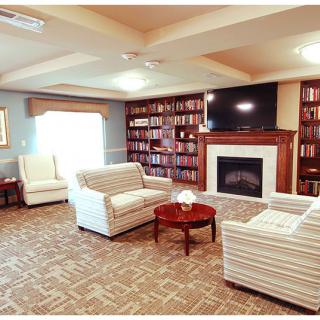 A cozy living room with bookshelves, comfortable seating, a fireplace, and a television.