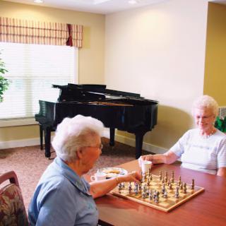 Two seniors enjoy a game of chess in a cozy setting.