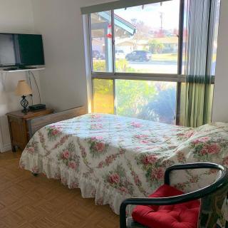 A cozy bedroom with a floral bedspread, a television mounted on the wall, and a large window letting in natural light.