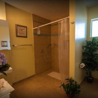 A cozy bathroom with a walk-in shower and decorative plants.