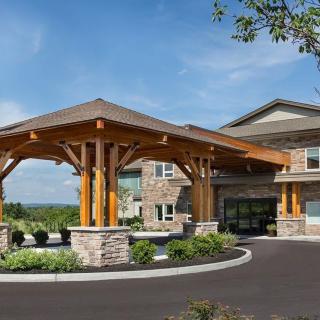 A modern building entrance with a wooden canopy and landscaped surroundings.