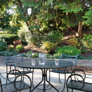 A serene patio setting with a metal table and chairs surrounded by lush greenery.