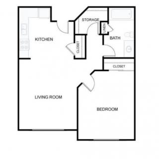 A simple one-bedroom apartment floor plan featuring a living room, kitchen, bathroom, and storage area.