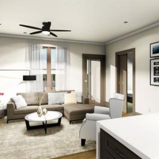 A modern living room with a cozy seating area and minimalist decor.
