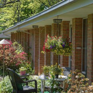 A tranquil porch with hanging flowers and lush greenery in front of a brick building.