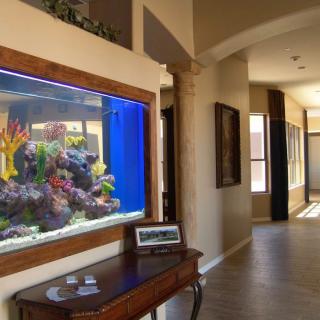 A spacious hallway featuring a built-in aquarium and elegant decor.