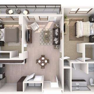 A detailed floor plan of a modern apartment, showcasing the layout and furniture arrangement in each room.