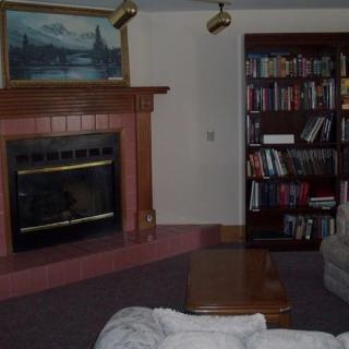 A cozy living room featuring a fireplace, bookshelf, and comfortable seating.