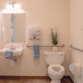 A clean and accessible bathroom with a sink, toilet, and mirror.