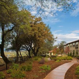 A scenic walking path surrounded by trees and a building under a clear blue sky.