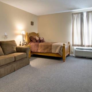 A hospital room with a bed, sofa, and natural lighting from the window.