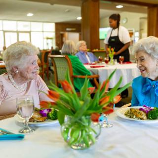 Two elderly women enjoy a meal and conversation at a restaurant, surrounded by flowers on the table.