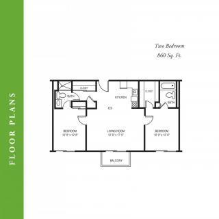 Two-bedroom apartment floor plan with a layout featuring bedrooms, bathrooms, and a living area.