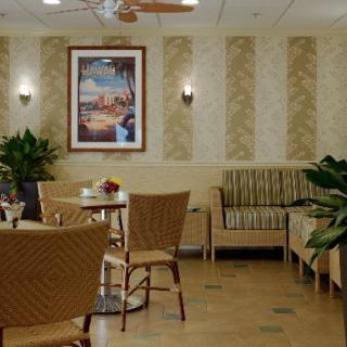 A cozy indoor cafe seating area with tables, chairs, and decorative plants.