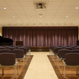 An empty auditorium setup for a presentation or performance.