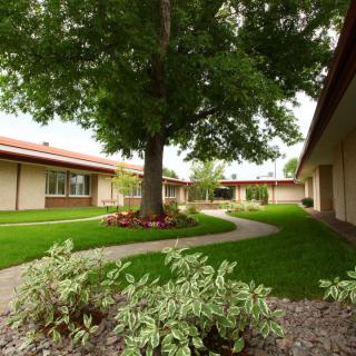 A serene courtyard featuring lush greenery, a winding pathway, and surrounding buildings.
