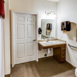 An accessible bathroom with a sink, mirror, hand dryer, and grab bars.