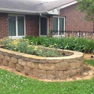 A raised garden bed with a stone wall in front of a brick house, surrounded by lush greenery.