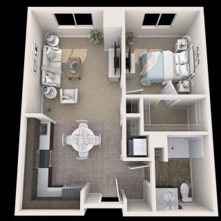 An overhead view of a one-bedroom apartment floor plan, featuring a living room, kitchen, dining area, bedroom, and bathroom.