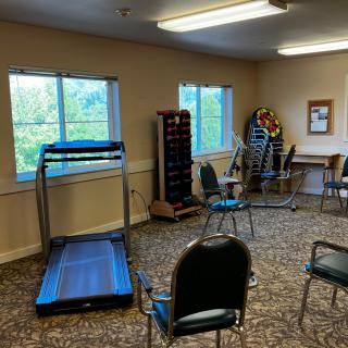 A small exercise room with a treadmill and chairs arranged on a carpeted floor.